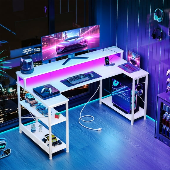 Casacomoda 48 inch U-Shaped Gaming Desk with Power Outlet & LED Lights, Home Ofiice Desk with Monitor Stand,Computer Desk with 4 Open Shelves, White