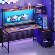 Casacomoda 55 inch Gaming Desk with LED Lights & Power Outlets, Home Office Desk with Reversible Storage Drawers & Monitor Shelves,Vintage