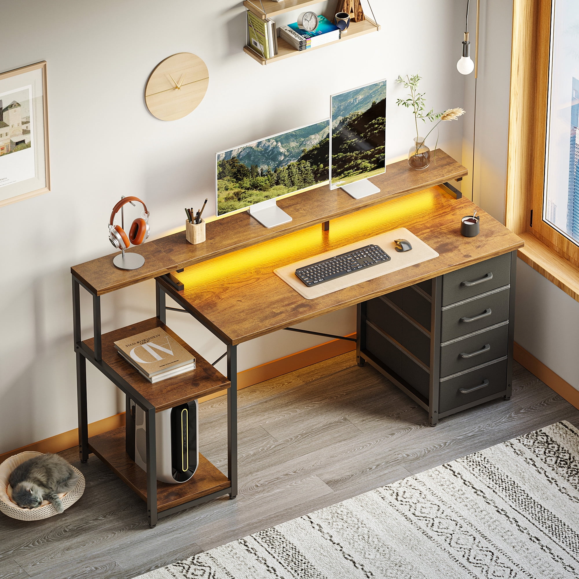 Casacomoda 55 Inch Computer Desk with LED Light, Monitor Stand