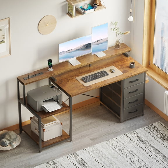 Casacomoda 55 Inch Computer Desk with USB Ports and Power Outlets, Printer Shelf & Built-in LED, 4 Drawers & Storage Shelf, Home Office Desks, Vintage