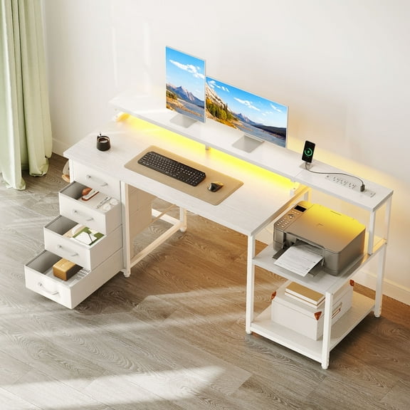 Casacomoda 55 Inch Computer Desk with USB Ports and Power Outlets, Printer Shelf & Built-in LED, 4 Drawers & Storage Shelf, Home Office Desks, White