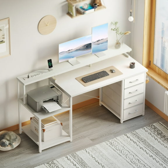 Casacomoda 55 Inch Computer Desk with USB Ports and Power Outlets, Printer Shelf, 4 Drawers & Storage Shelf, Home Office Desks, White