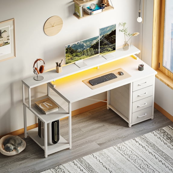 Casacomoda 55 Inch Computer Desk with LED Light, Monitor Stand, Desk with 4 Drawers, Home Office Desk with Storage Shelves, White Office Desks, White