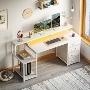 Casacomoda 55 Inch Computer Desk with LED Light, Monitor Stand, Desk with 4 Drawers, Home Office Desk with Storage Shelves, White Office Desks, White