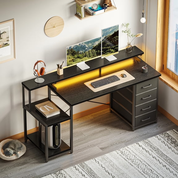 Casacomoda 55 Inch Computer Desk with LED Light, Monitor Stand, Desk with 4 Drawers, Home Office Desk with Storage Shelves, White Office Desks, Black
