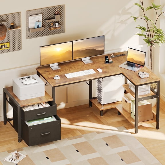 Casacomoda L Shaped Desk with Power Outlets, Large Computer Desk with File Drawer, Home Office Desk with Printer Stand & Storage Shelves, Corner Desk, Vintage