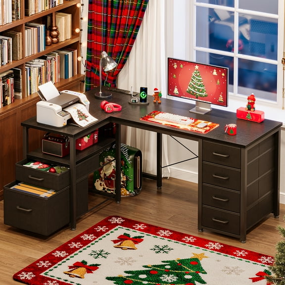 Casacomoda 55 inch Computer Desk with 5 Drawers and File Cabinet for Storage, Office Desk with Storage Shelf & Power Outlets, Home Office Desks,  Black