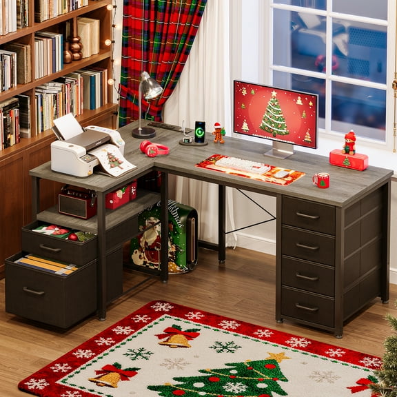 Casacomoda 55 inch Computer Desk with 5 Drawers and File Cabinet for Storage, Office Desk with Storage Shelf & Power Outlets, Home Office Desks, Gray Oak