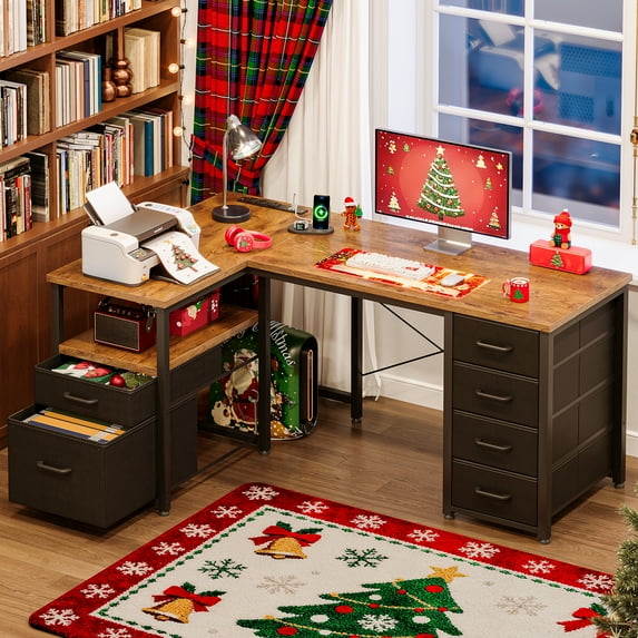 Casacomoda 55 inch Computer Desk with 5 Drawers and File Cabinet for Storage, Office Desk with Storage Shelf & Power Outlets, Home Office Desks, Vintage