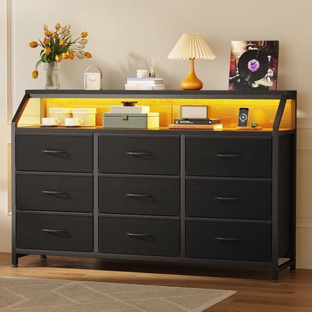 Casacomoda 55 inch Dresser with LED Lights, Dresser for Bedroom with 9 Storage Drawers, Black
