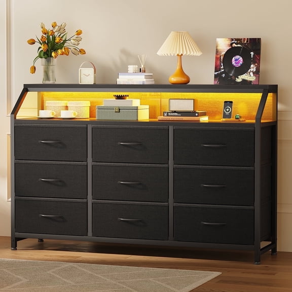 Casacomoda 55 inch Dresser with LED Lights, Dresser for Bedroom with 9 Storage Drawers, Black