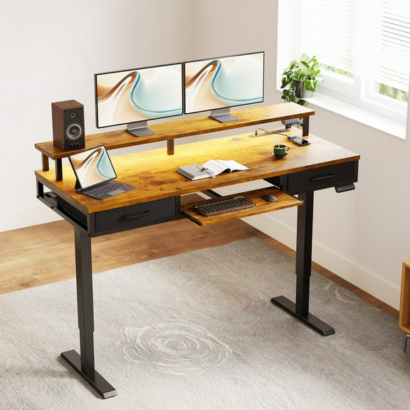Casacomoda 55 inch Electric Standing Desk with Drawers & Keyboard Tray, Height Adjustable Gaming Desk with Power Outlets & LED Lights, Sit Stand Table with Monitor Stand for Home, Office, Vintage