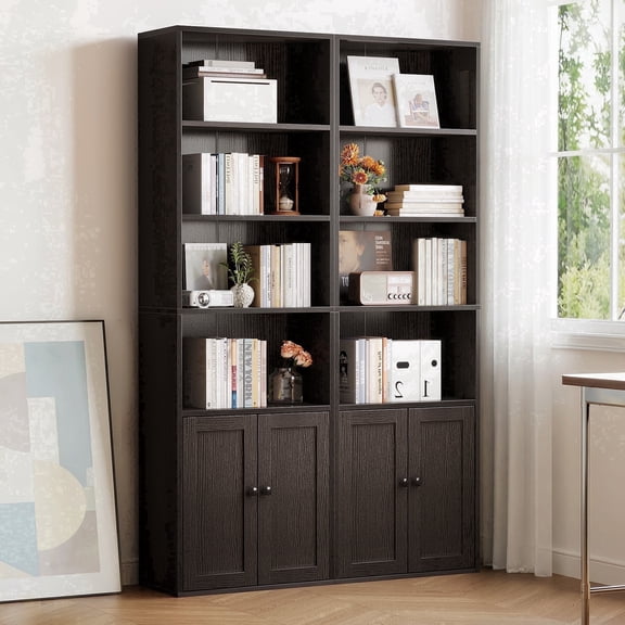 Sofanext Bookcase Set of 2 with Cabinet, 6-Tier Display Storage Shelves Modern Bookshelf for Home Office, Living Room or Bedroom, Easy Assembly & Stable Structure, Black 2 Pack