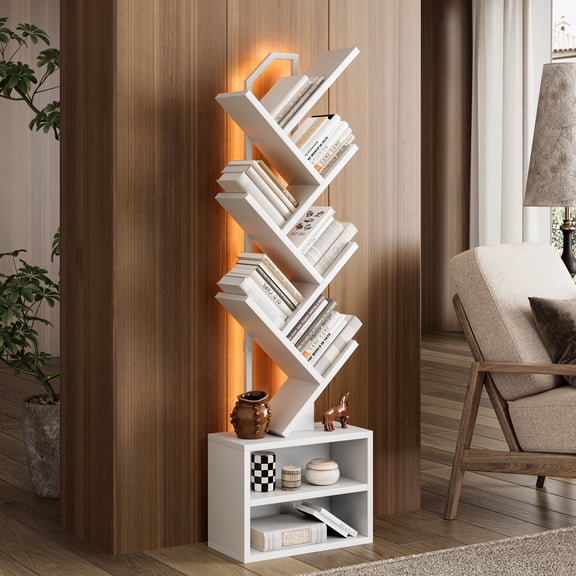 Casacomoda 6 Tier Tall Tree Bookshelf with LED Lights, Bookcase with Double Storage Cabinet, Narrow Corner Display Shelf, Floor Standing Organizer for Living Room, Bedroom, Home Office, White