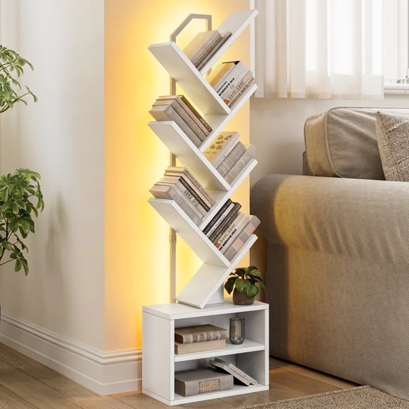 Casacomoda 6 Tier Tall Tree Bookshelf with LED Lights, Bookcase with Double Storage Cabinet, Narrow Corner Display Shelf, Floor Standing Organizer for Living Room, Bedroom, Home Office, White
