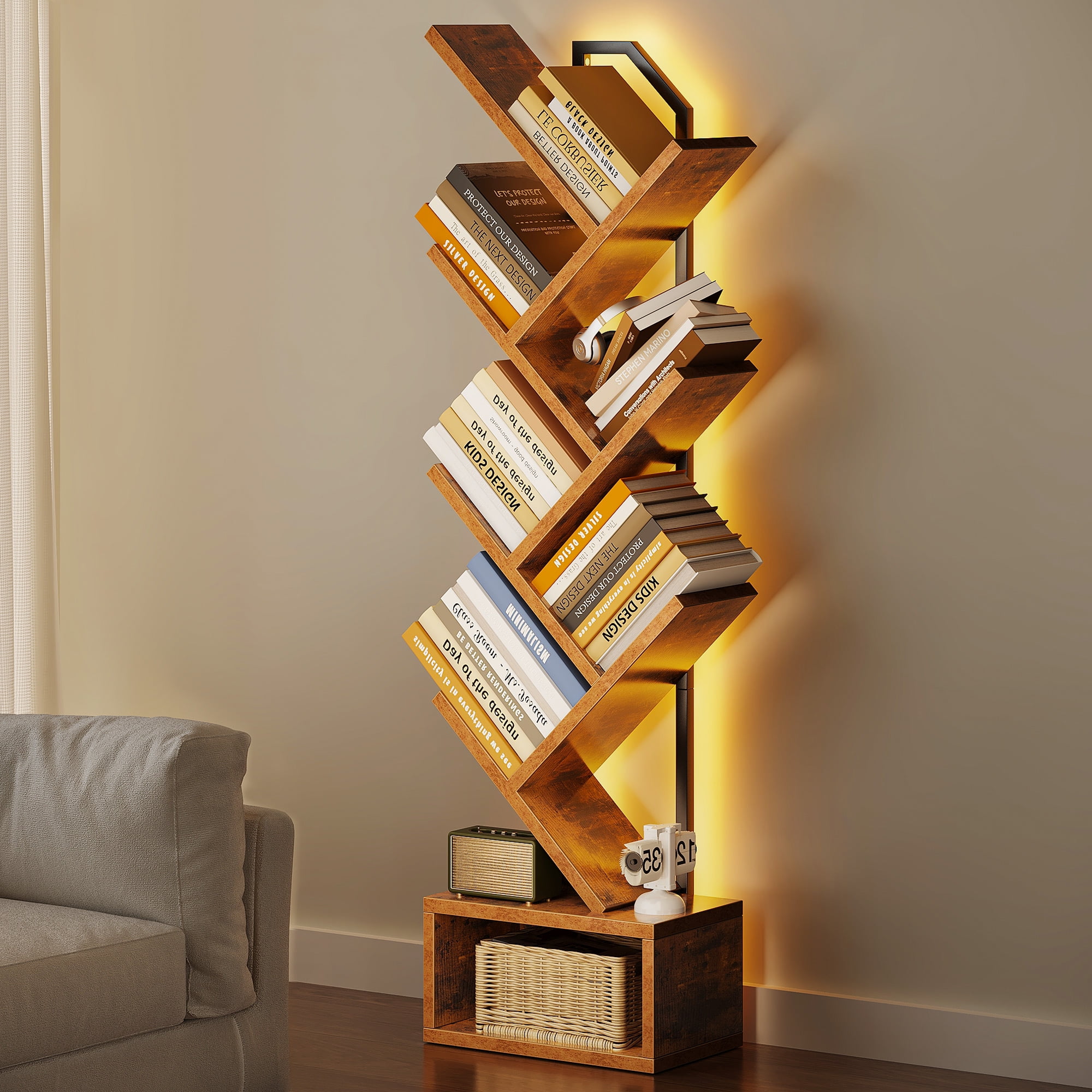 Casacomoda 6 Tier Tree Bookshelf, Bookcase with LED Lights, Display Floor Standing Storage Shelf, Book Organizer Shelves for Home Office, Living Room, Vintage