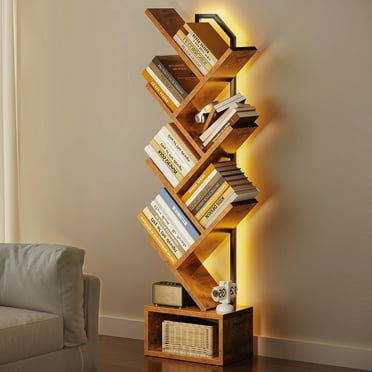 Casacomoda 6 Tier Tree Bookshelf, Bookcase with LED Lights, Display Floor Standing Storage Shelf, Book Organizer Shelves for Home Office, Living Room, Vintage
