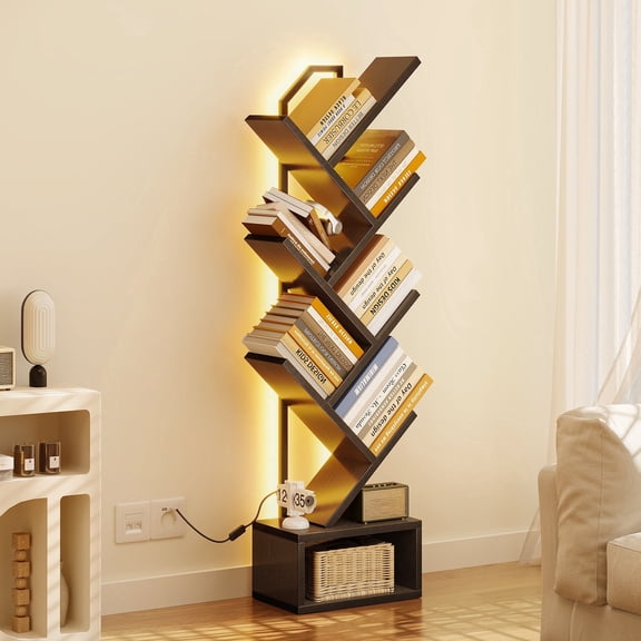 Casacomoda 6 Tier Tree Bookshelf, Bookcase with LED Lights, Display Floor Standing Storage Shelf, Book Organizer Shelves for Home Office, Living Room, Black