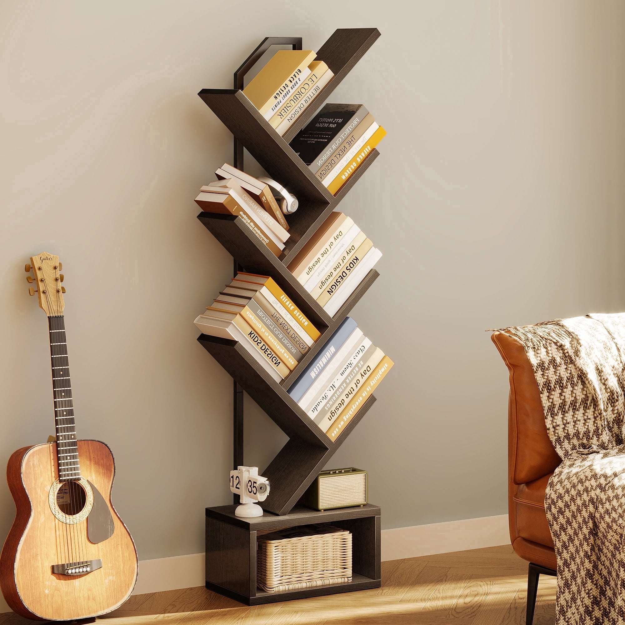 Casacomoda 6-Tier Tree Bookshelf for Corner & Small Space — Narrow Steel & Wood Bookcase, Tall Floor Standing Book Organizer Shelf with Storage Cabinet, Home Decor for Living Room, Bedroom, Black