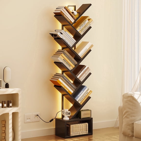 Casacomoda 8 Tier Tree Bookshelf, Bookcase with LED Lights, Display Floor Standing Storage Shelf, Book Organizer Shelves for Home Office, Living Room, Black
