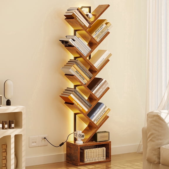 Casacomoda 8 Tier Tree Bookshelf, Bookcase with LED Lights, Display Floor Standing Storage Shelf, Book Organizer Shelves for Home Office, Living Room, Vintage