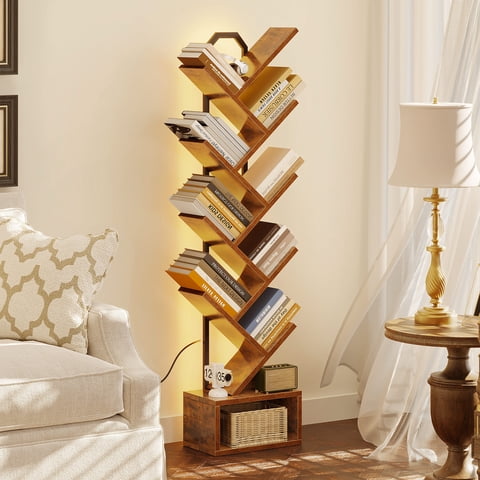 Casacomoda 8 Tier Tree Bookshelf, Bookcase with LED Lights, Display Floor Standing Storage Shelf, Book Organizer Shelves for Home Office, Living Room, Vintage