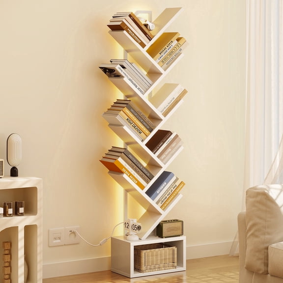 Casacomoda 8 Tier Tree Bookshelf, Bookcase with LED Lights, Display Floor Standing Storage Shelf, Book Organizer Shelves for Home Office, Living Room, White