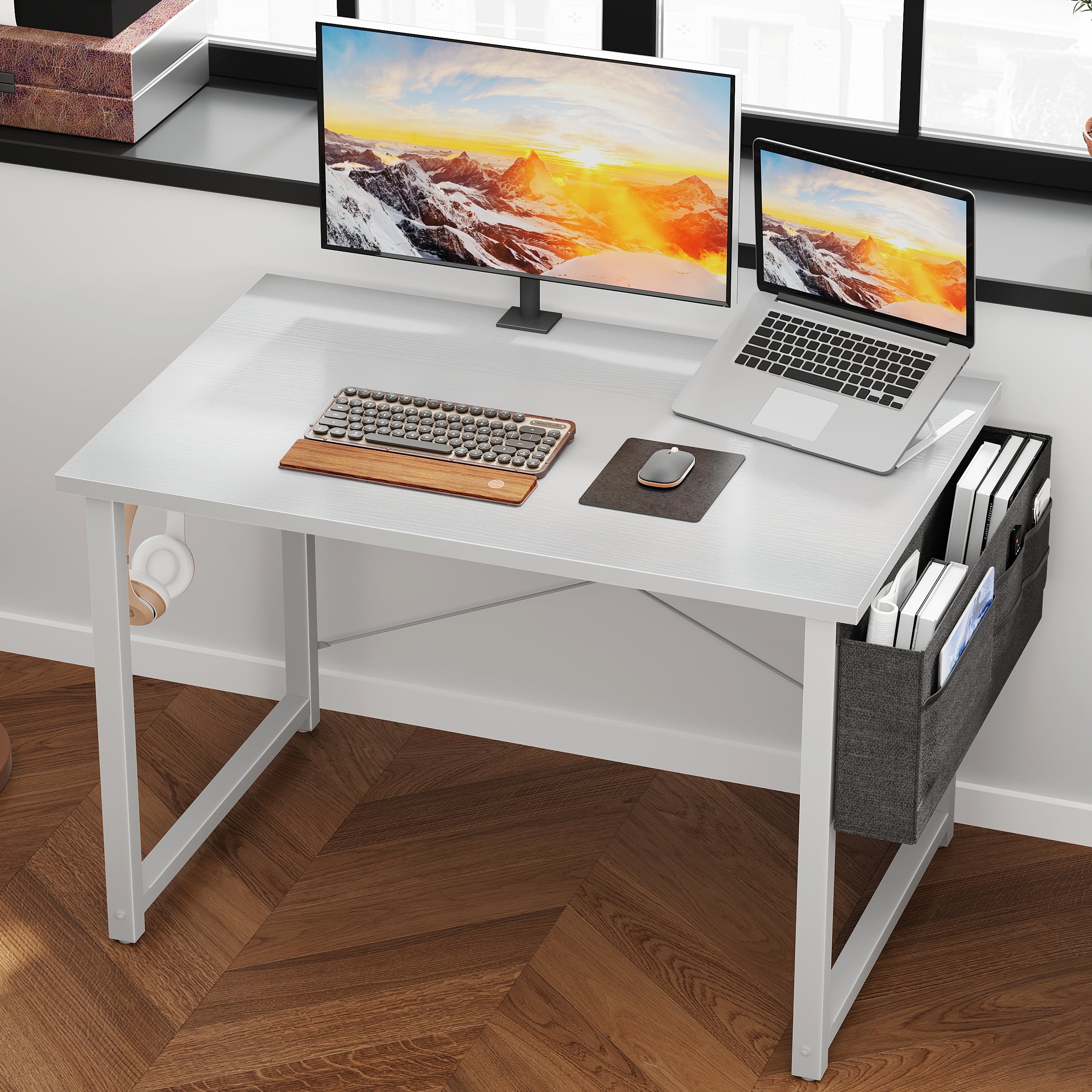 Casacomoda Computer Writing Desk 40 inch, Sturdy Home Office Table, Work Desk with a Storage Bag and Headphone Hook, Pure White
