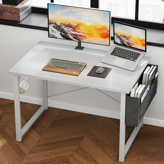 Casacomoda Computer Writing Desk 40 inch, Sturdy Home Office Table, Work Desk with a Storage Bag and Headphone Hook, Pure White