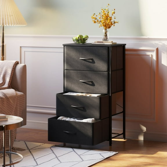 Casacomoda Dresser for Bedroom with 4 Storage Drawers, Small Dresser Chest of Drawers Fabric Dresser with Sturdy Steel Frame, Black