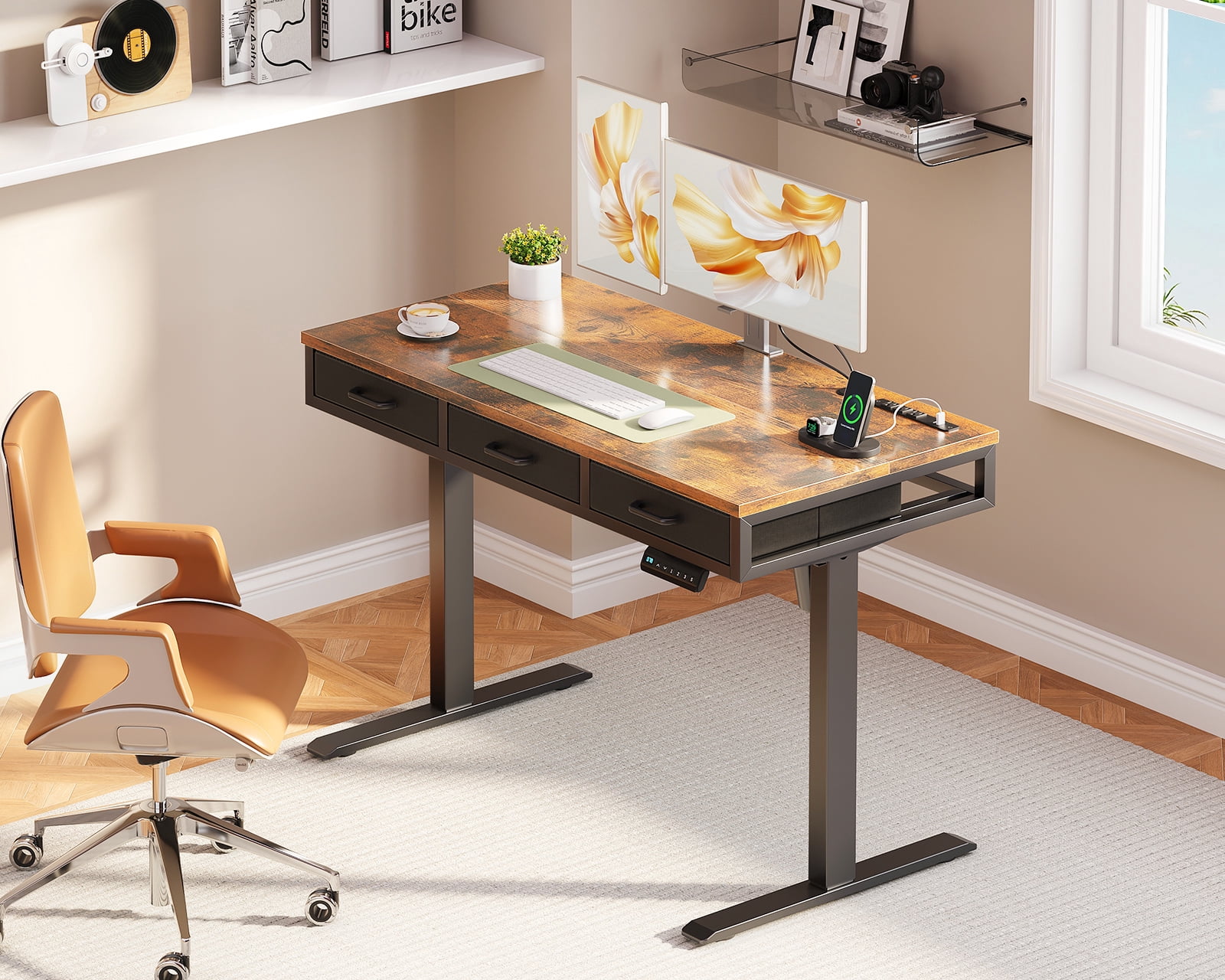 Electric Standing Desk with Drawers, 47 Inch Height Adjustable Desk with Power Outlets & USB, Sit Stand Table for Home, Office, Workstation, Rustic Brown - Walmart.com