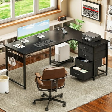Casacomoda L Shaped Computer Desk with Charging Station , 53 inch PC Table Study Desk 4 Tier Drawers, Modern Simple Style Laptop Desk for Bedroom, Black