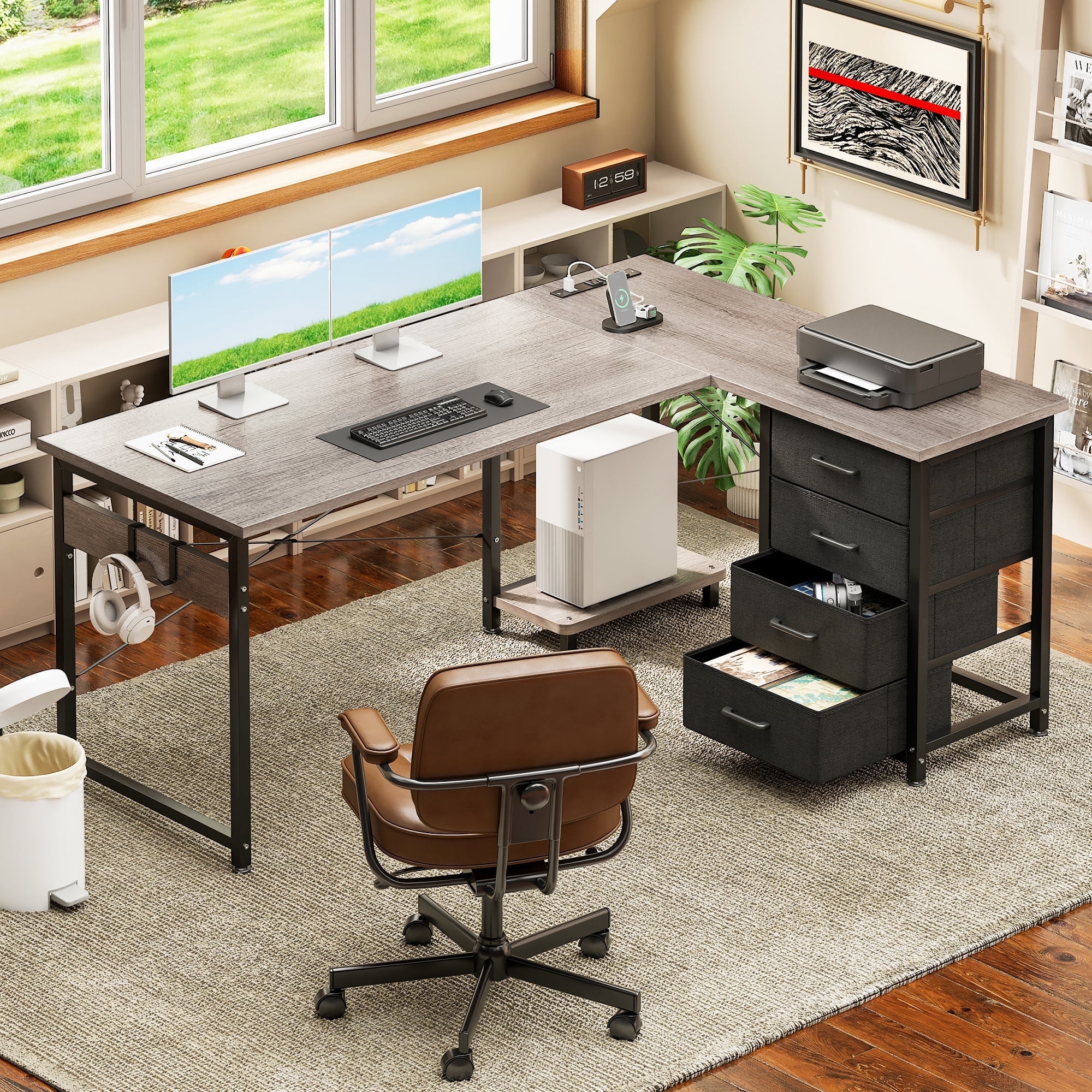Casacomoda L Shaped Computer Desk with Charging Station, 53 inch PC Table Study Desk 4 Tier Drawers, Modern Simple Style Laptop Desk for Bedroom, Grey Oak