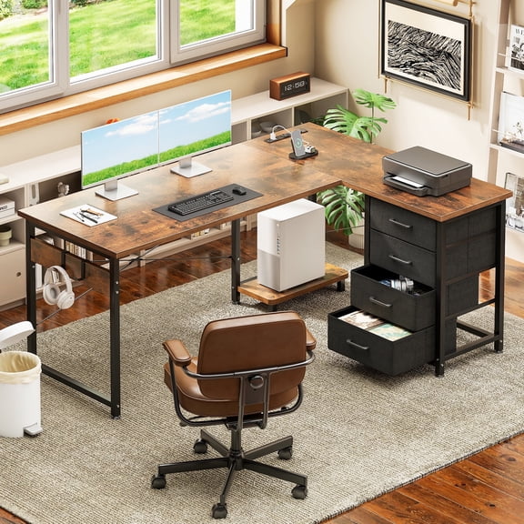 Casacomoda L Shaped Computer Desk with Charging Station, 53 inch PC Table Study Desk 4 Tier Drawers, Modern Simple Style Laptop Desk for Bedroom, Vintage