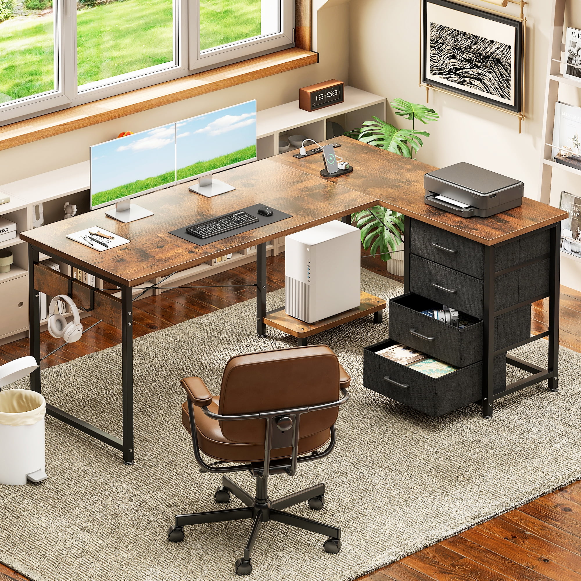 Casacomoda L Shaped Computer Desk with Charging Station, 53 inch PC Table Study Desk 4 Tier Drawers, Modern Simple Style Laptop Desk for Bedroom, Vintage