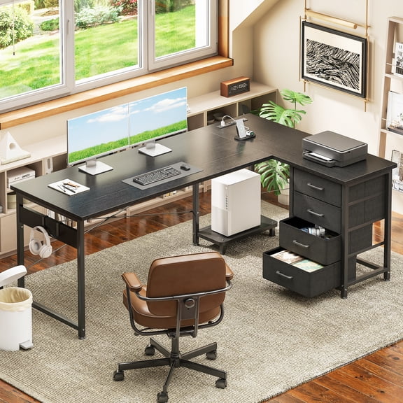 Casacomoda L Shaped Computer Desk with Charging Station , 61 inch PC Table Study Desk 4 Tier Drawers, Modern Simple Style Laptop Desk for Bedroom, Black