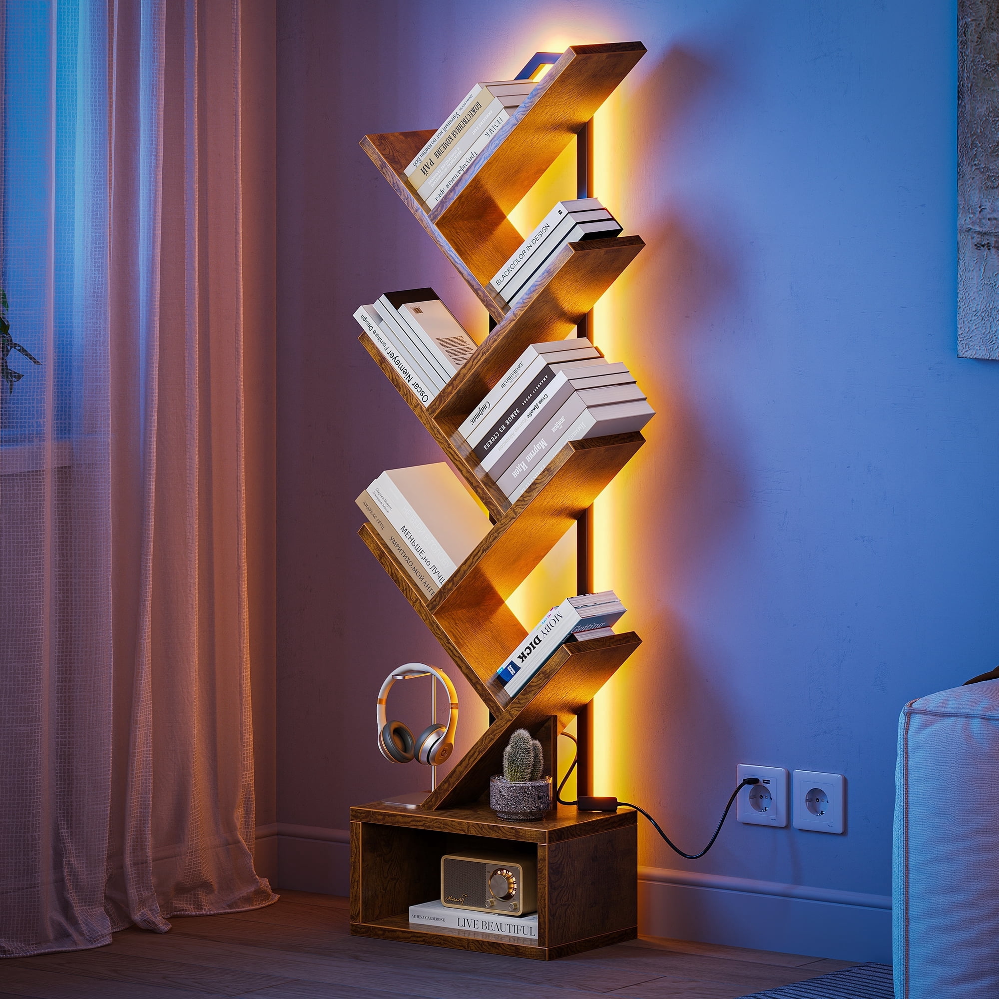 Casacomoda 6-Tier Tree Floor Lamp with Integrated LED Shelving, Modern Display Stand for Living Room & Home Office, Vintage