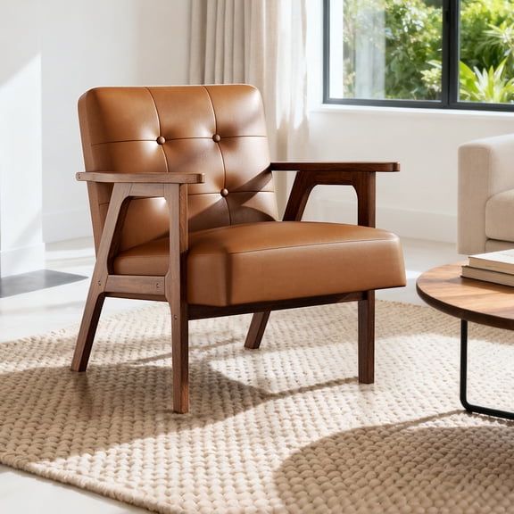 Casacomoda PU Leather Accent Chair Mid Century Comfy Cozy Chair with Solid Wood Legs, Modern Arm Reading Chair with Button Tufted Back for Living Room Bedroom, Brown