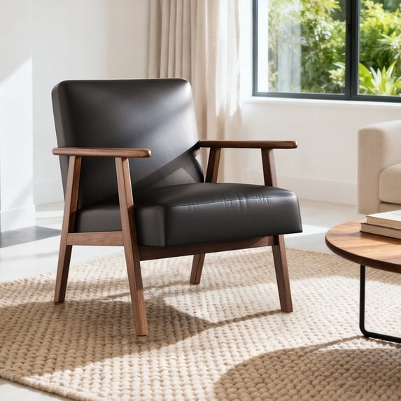 Casacomoda PU Leather Accent Chair for Bedroom, Living Room Chair with Solid Wood Legs, Reading Arm Chair with Soft Cushion for Adults, Black
