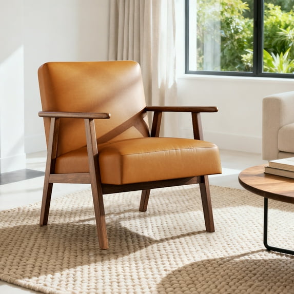 Casacomoda PU Leather Accent Chair for Bedroom, Living Room Chair with Solid Wood Legs, Reading Arm Chair with Soft Cushion for Adults, Brown