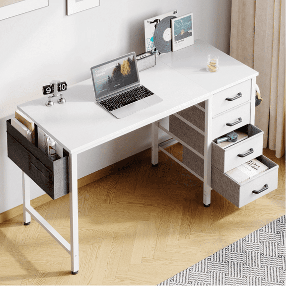 Casacomoda Computer Desk with 4 Storage Drawers , Writing Desk with Headphone Hook & Bag for Home Office, Study/Work Table for Bedroom and Small Space, White