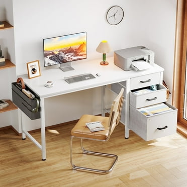 Casacomoda Computer Desk with Fabric Drawers & File Cabinet, Home Office Desk with Cloth Storage Bag and Hook, Vanity Desk for Bedroom, White