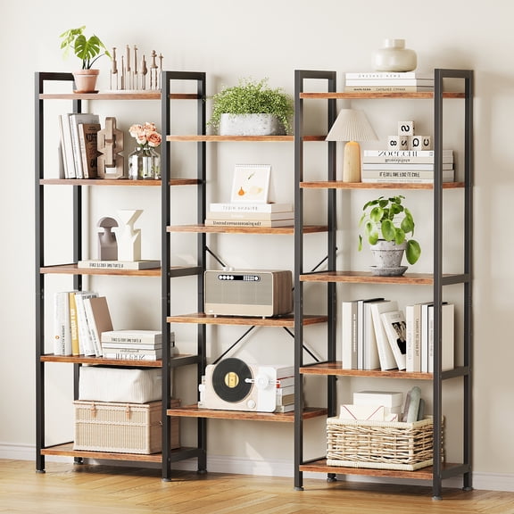 Casacomoda Triple Wide 5 Tier Bookshelf, Rustic Industrial Style Bookcases with 15 Open Display Shelves, Modern Tall Bookcase Furniture for Bedroom, Living Room and Home Office, Rustic Brown