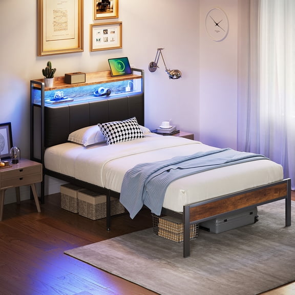 Casacomoda Twin Bed Frame with Storage Headboard, Upholstered Platform Bed with LED Lights & Charging Station, No Box Spring Needed, Rustic Brown