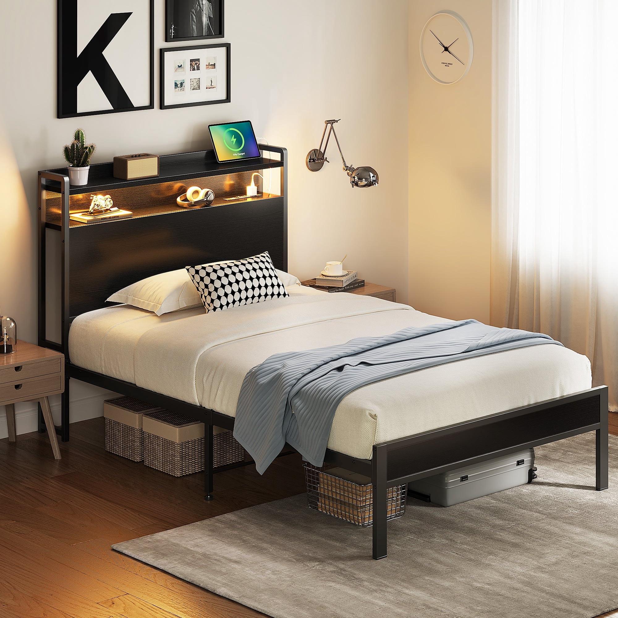 Casacomoda Twin Bed Frames, Storage Headboard with Charging Station, RGB Light Strips, Solid and Stable, Noise Free, No Box Spring Needed, Easy Assembly, Black