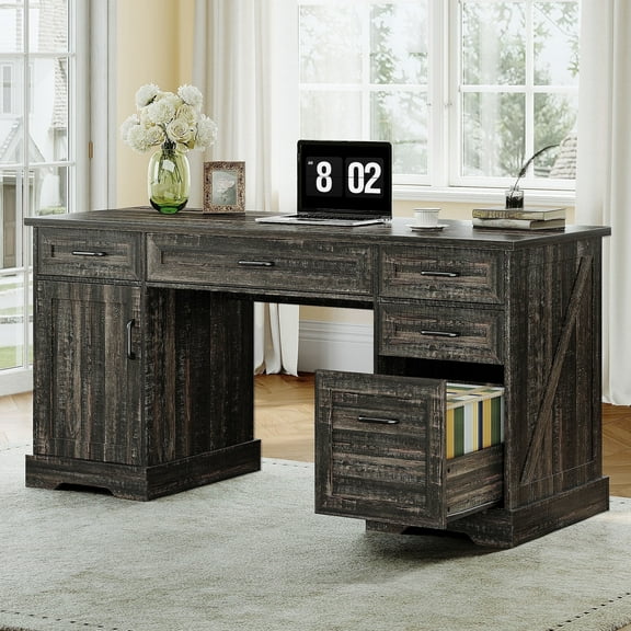 Casacomoda Home Office Desk with File Cabinet and Drawers, 59" Executive Desk with USB Power Outlet, Storage Cabinet for CPU, Workstation Table for Study, Dark Oak