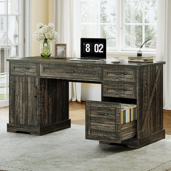 Casacomoda Home Office Desk with File Cabinet and Drawers, 59" Executive Desk with USB Power Outlet, Storage Cabinet for CPU, Workstation Table for Study, Dark Oak