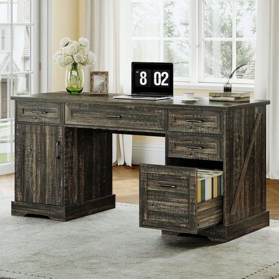 Casacomoda Home Office Desk with File Cabinet and Drawers, 59" Executive Desk with USB Power Outlet, Storage Cabinet for CPU, Workstation Table for Study, Dark Oak