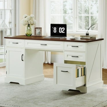 Casacomoda Home Office Desk with File Cabinet and Drawers, 59" Executive Desk with USB Power Outlet, Storage Cabinet for CPU, Workstation Table for Study, Walnut & Warm White