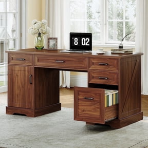 Casacomoda Home Office Desk with File Cabinet and Drawers, 59" Executive Desk with USB Power Outlet, Storage Cabinet for CPU, Workstation Table for Study, Walnut